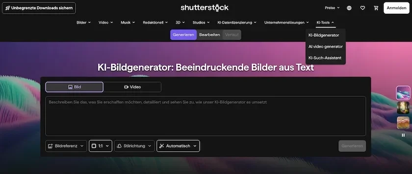 Webseite: KI-Bildgenerator von Shutterstock