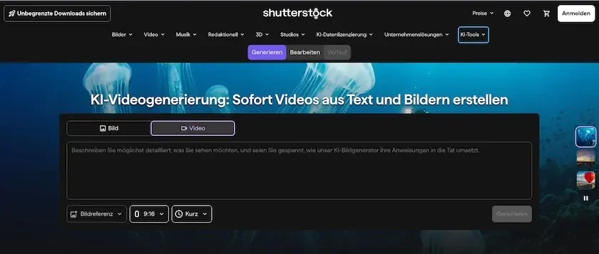 Webseite: KI-Videogenerator von Shutterstock