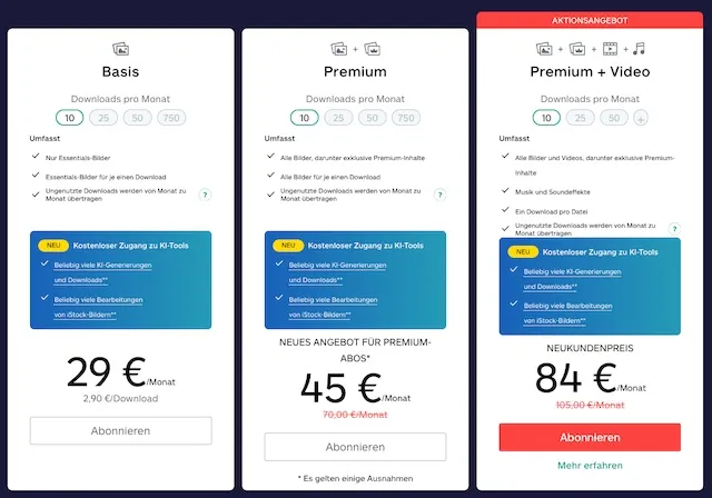 Aktuelle Preise Abos iStock