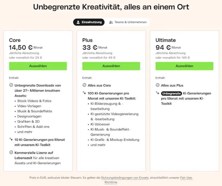 Neue Preisliste Envato